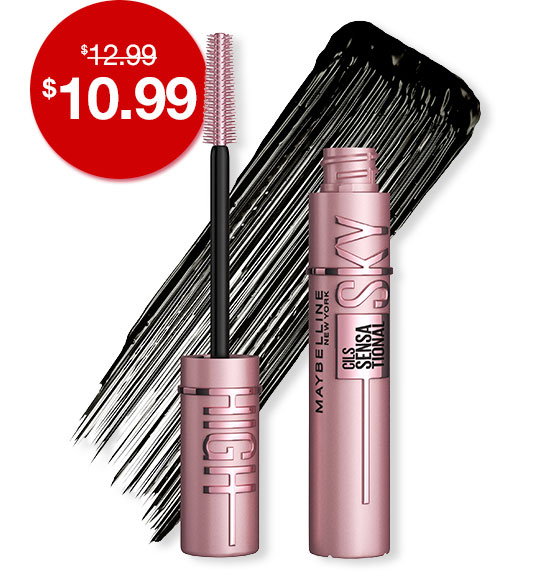 Lash Sensational Sky High Mascara Packshot a textured formula swatch behind it and a badge showing the price reduction deal from $12.99 to $10.99 during the CVS Epic Beauty Sale Event