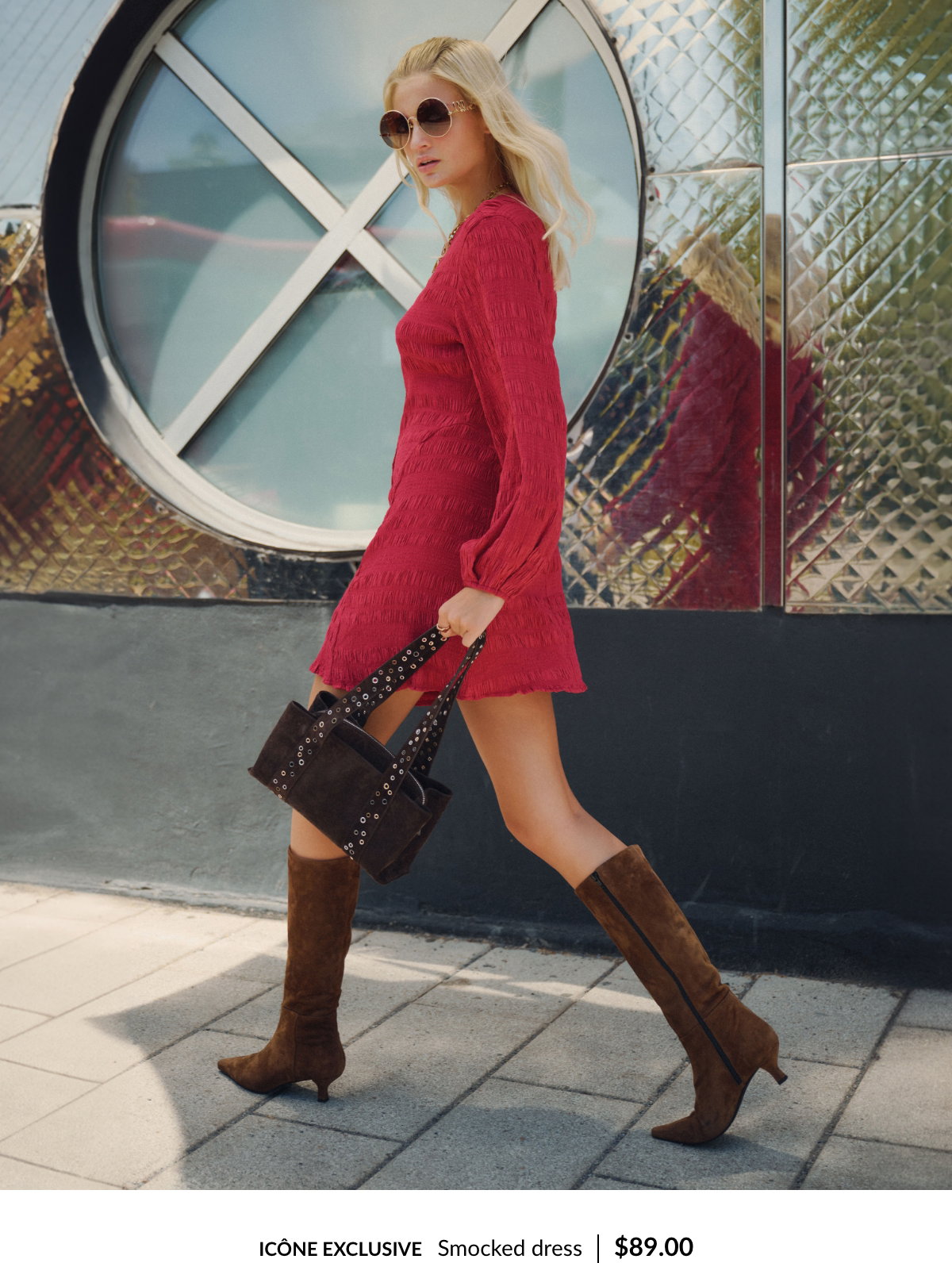 Young woman wearing a red Icône dress at 89$