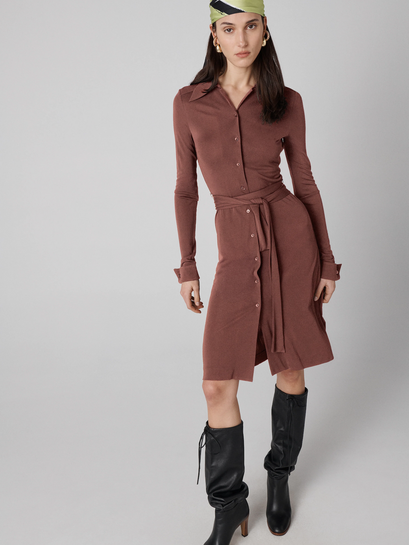 Model wearing a long-sleeve shirt dress.