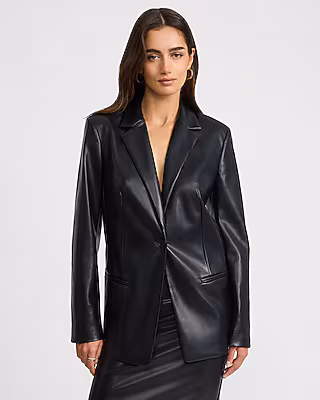 Faux Leather One Button Oversized Blazer