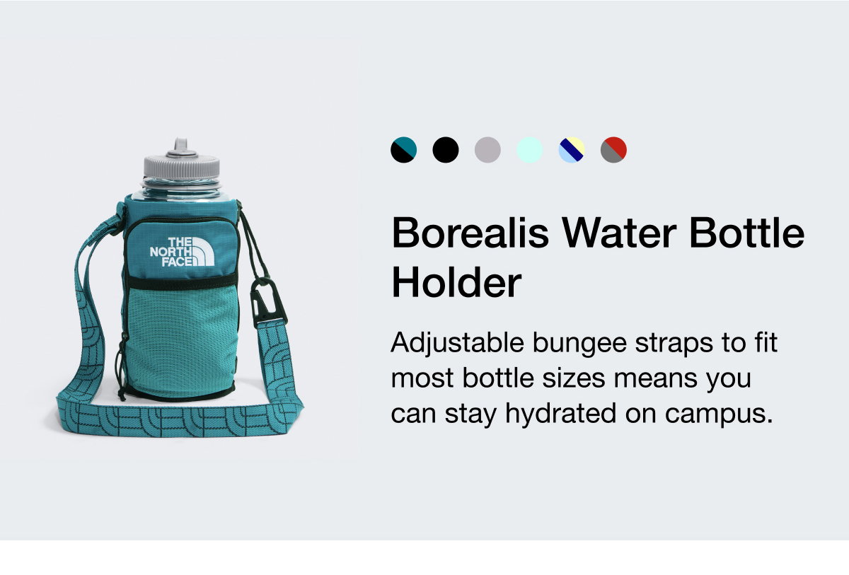 Borealis Water Bottle Holder. Adjustable bungee straps to fit most bottle sizes means you can stay hydrated on campus. 