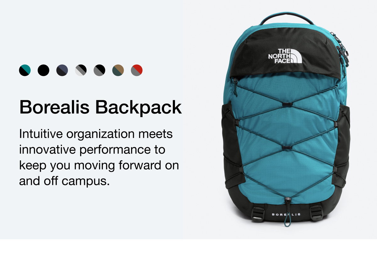 Borealis Backpack. Intuitive organization meets innovative performance to keep you moving forward on and off campus. 
