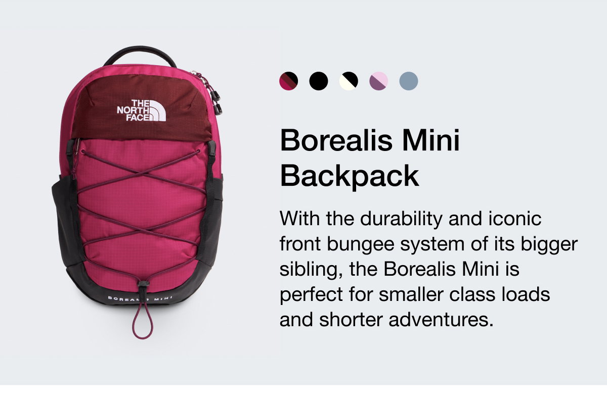 Borealis Mini Backpack. With the durability and iconic front bungee system of its bigger sibling, the Borealis Mini is perfect for smaller class loads and shorter adventures. 
