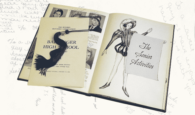 An open yearbook titled "Bardinger High School" featuring a drawing of a person and a page labeled "The Senior Activities". A bookmark shaped like a graduation cap and tassel is placed on the left page.