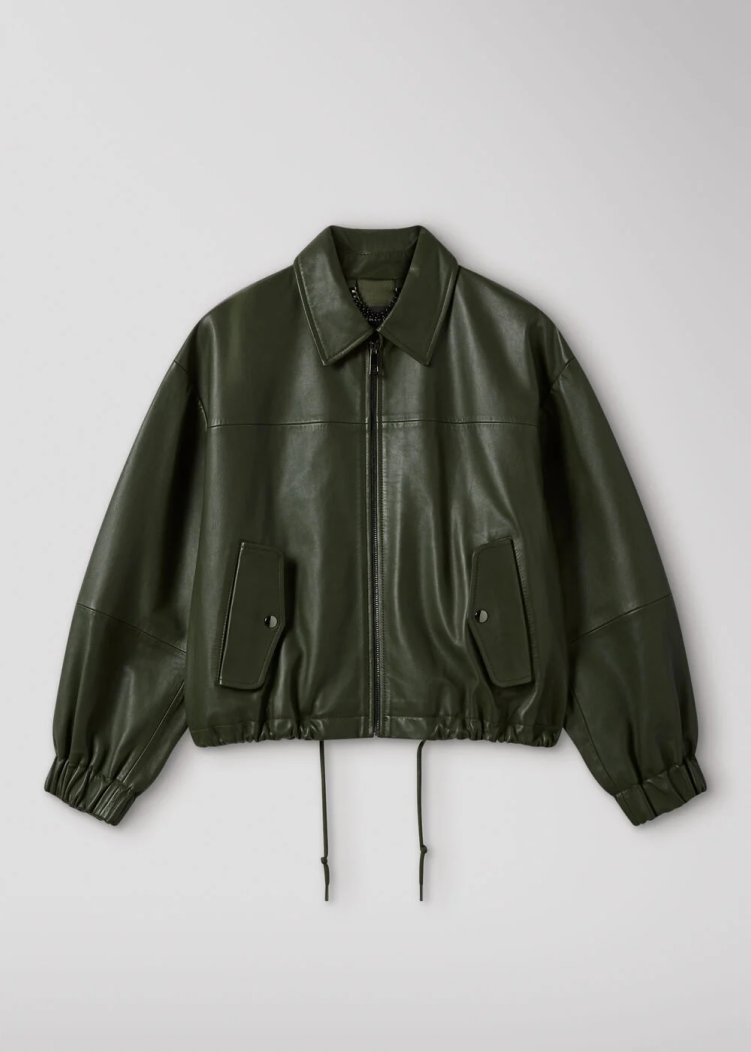 Khaki Frida Leather Bomber Jacket