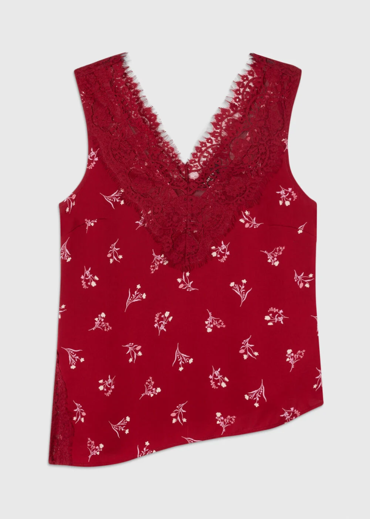 Burgundy Floral Lace Trim Top