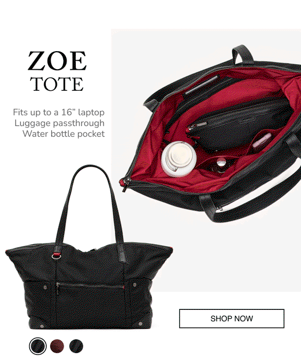 Black Zoe Tote shown inside and out, highlighting its red interior, laptop storage, luggage passthrough, water bottle pocket, and spacious work-ready design.  Image Copy: ZOE TOTE Fits up to a 16” laptop Luggage passthrough Water bottle pocket  CTA Copy: SHOP NOW
