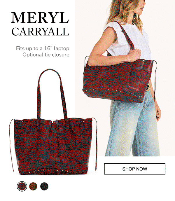 Meryl Carryall in deep wine leather shown on its own and carried over the shoulder, featuring long handles, signature gold rivets, and a spacious silhouette.  Image Copy: MERYL CARRYALL Fits up to a 16” laptop Optional tie closure  CTA Copy: SHOP NOW
