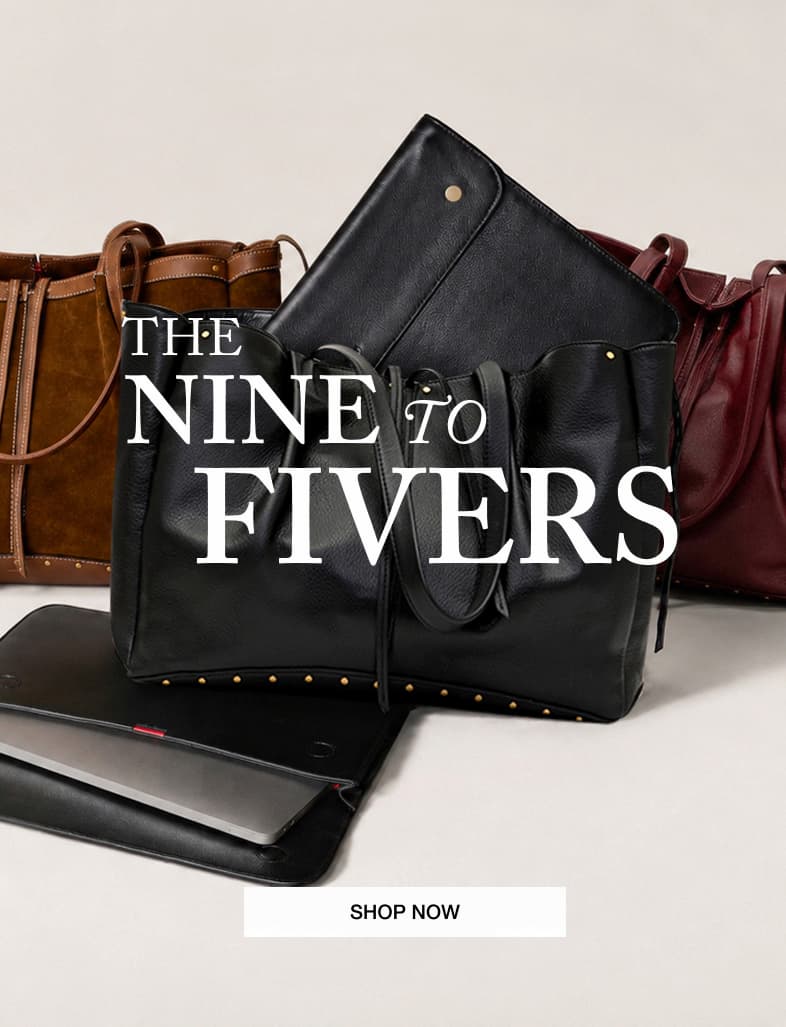 A lineup of work bags in black, brown, and deep wine, styled with a laptop and black leather tech sleeve to highlight office-ready functionality.  Image Copy: THE NINE TO FIVERS  CTA Copy: SHOP NOW