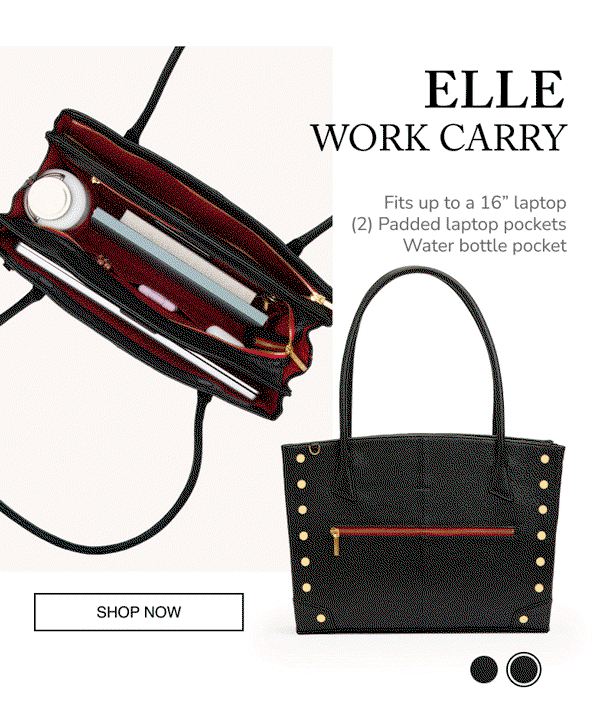 Elle Work Carry GIF Alt Text: Black Elle Work Carry shown inside and out, featuring gold rivets, red interior lining, two padded laptop pockets, and a water bottle pocket.  Image Copy: ELLE WORK CARRY Fits up to a 16” laptop (2) Padded laptop pockets Water bottle pocket  CTA Copy: SHOP NOW