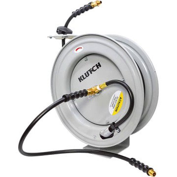 Klutch Auto-Rewind Air Hose Reel, 3/8in. x 50ft. Rubber Hose, 300 PSI, Wall/Ceiling/Floor Mount