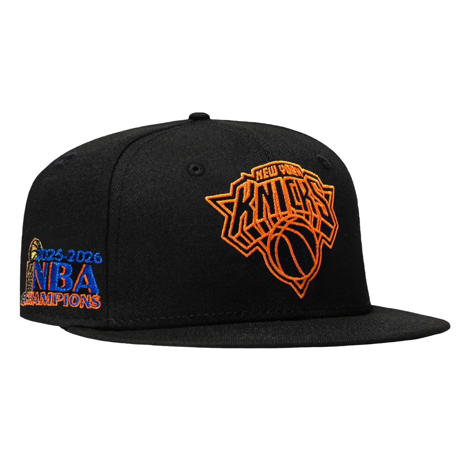 Image of New Era 59Fifty New York Knicks 2026 NBA Champions Patch Neon Hat - Black, Light Orange