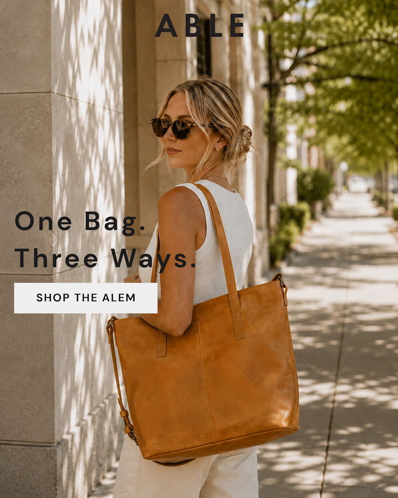 Women on a sidewalk carrying the Alem Tote on her shoulder. One Bag. Three Ways. SHOP THE ALEM
