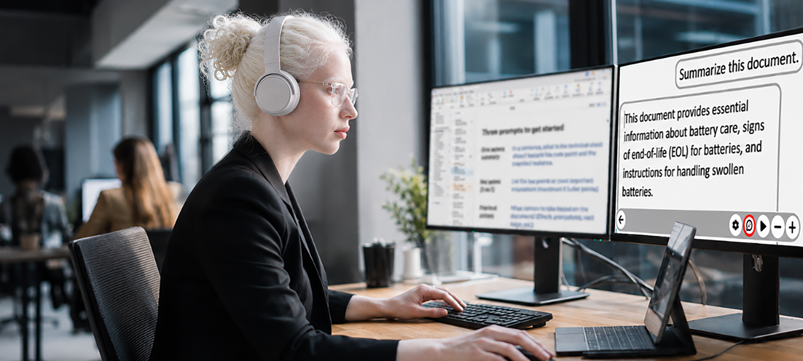 Woman wearing earbuds and working on a computer displaying a document summary generated by Prodigi.