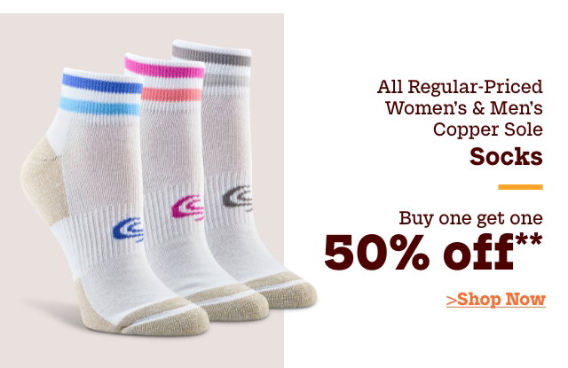 All Regular-Priced Women's + Men's Copper Sole Socks Buy one get one 50% OFF*