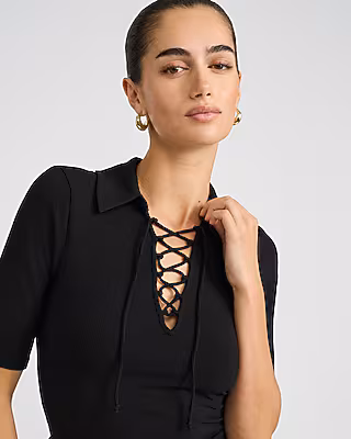 Fitted Ribbed Lace Up Elbow Sleeve Polo