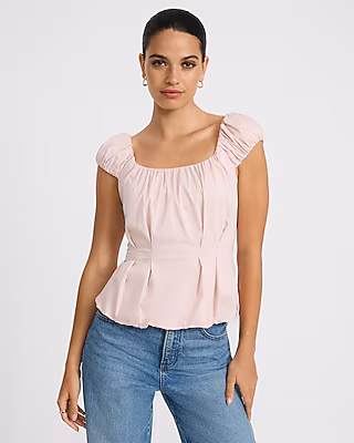 Stretch Cotton Poplin Puff Sleeve Smocked Back Peplum Top