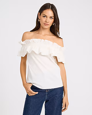 Stretch Cotton Poplin Off The Shoulder Ruffle Top
