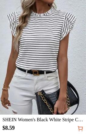 SHEIN Women's Black White Stripe Crew Neck Flutter Sleeve Tee, Ruched Neckline Loose Fit Short-Sleeve Base Layer,Daily Office Vacation Casual Blouse.