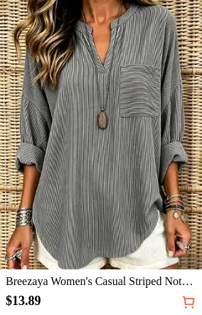 Breezaya Women's Casual Striped Notch Collar Shirt, Autumn