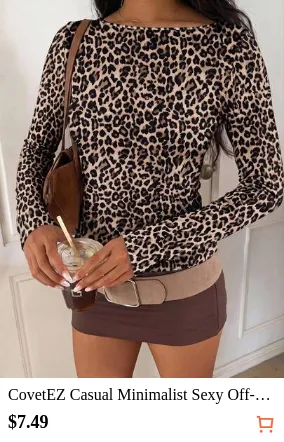 CovetEZ Casual Minimalist Sexy Off-Shoulder Leopard Print Long Sleeve T-Shirt, Suitable For Autumn/Winter, Autumn/Winter Clothing Outfit