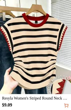 Resyla Women's Striped Round Neck Floral Trim Casual Top