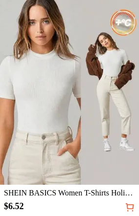 SHEIN BASICS Women T-Shirts Holiday Everyday Minimalist Basic Basic Everyday Day Time Off-White Summer Everyday Daytime