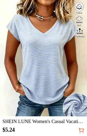 SHEIN LUNE Women's Casual Vacation V-Neck Short Sleeve Striped Minimalist Daily Commute Versatile Summer Top New Striped T-Shirt For Office Work Beach Holiday Gentle Korean Style Simple Top