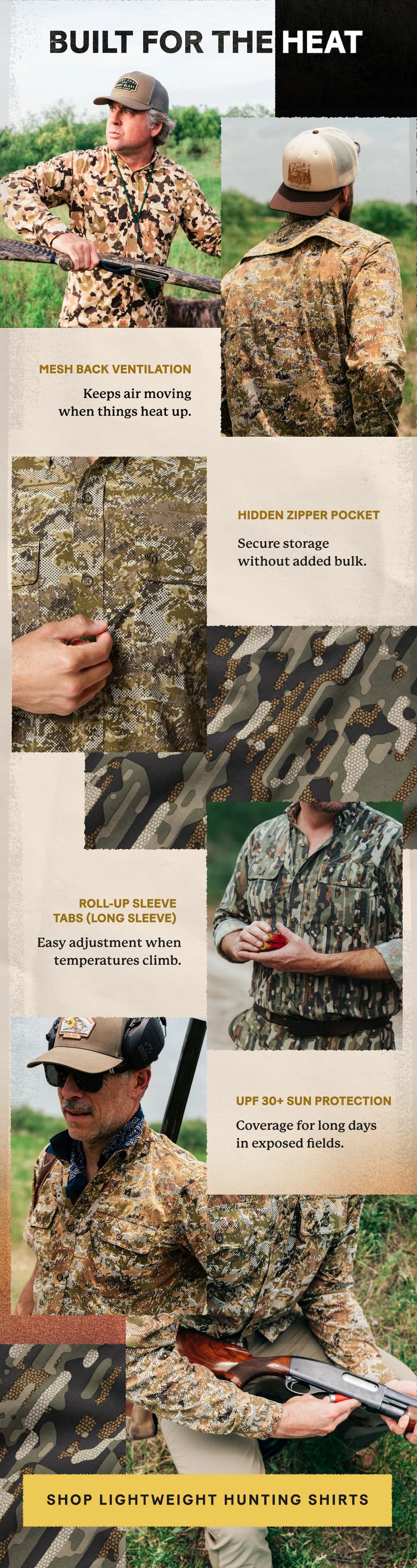 BUILT FOR THE HEAT   → Mesh Back Ventilation : Keeps air moving when things heat up.    → Hidden Zipper Pocket : Secure storage without added bulk.    → Roll-Up Sleeve Tabs : Easy adjustment when temperatures climb.    → UPF 30+ Sun Protection : Coverage for long days in exposed fields.