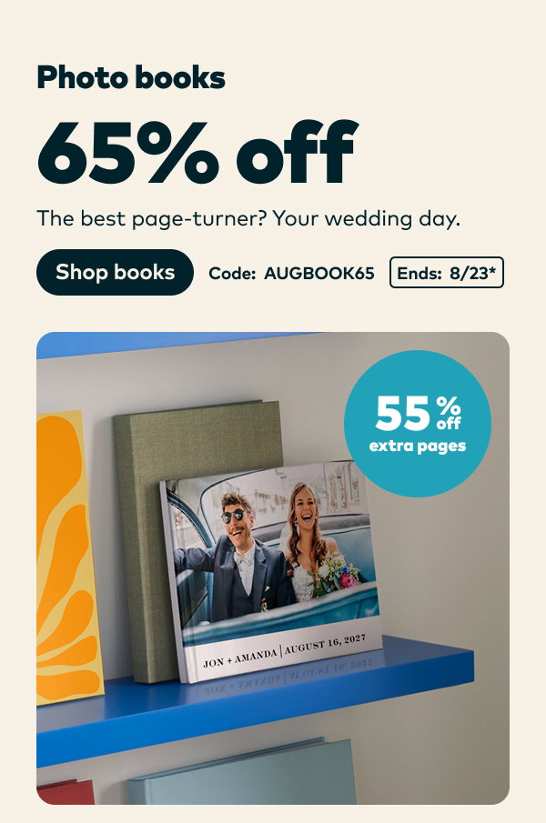 65% off photo books. 55% off extra pages. Code: AUGBOOK65. Ends: 8/23, see site for details. Shop books.