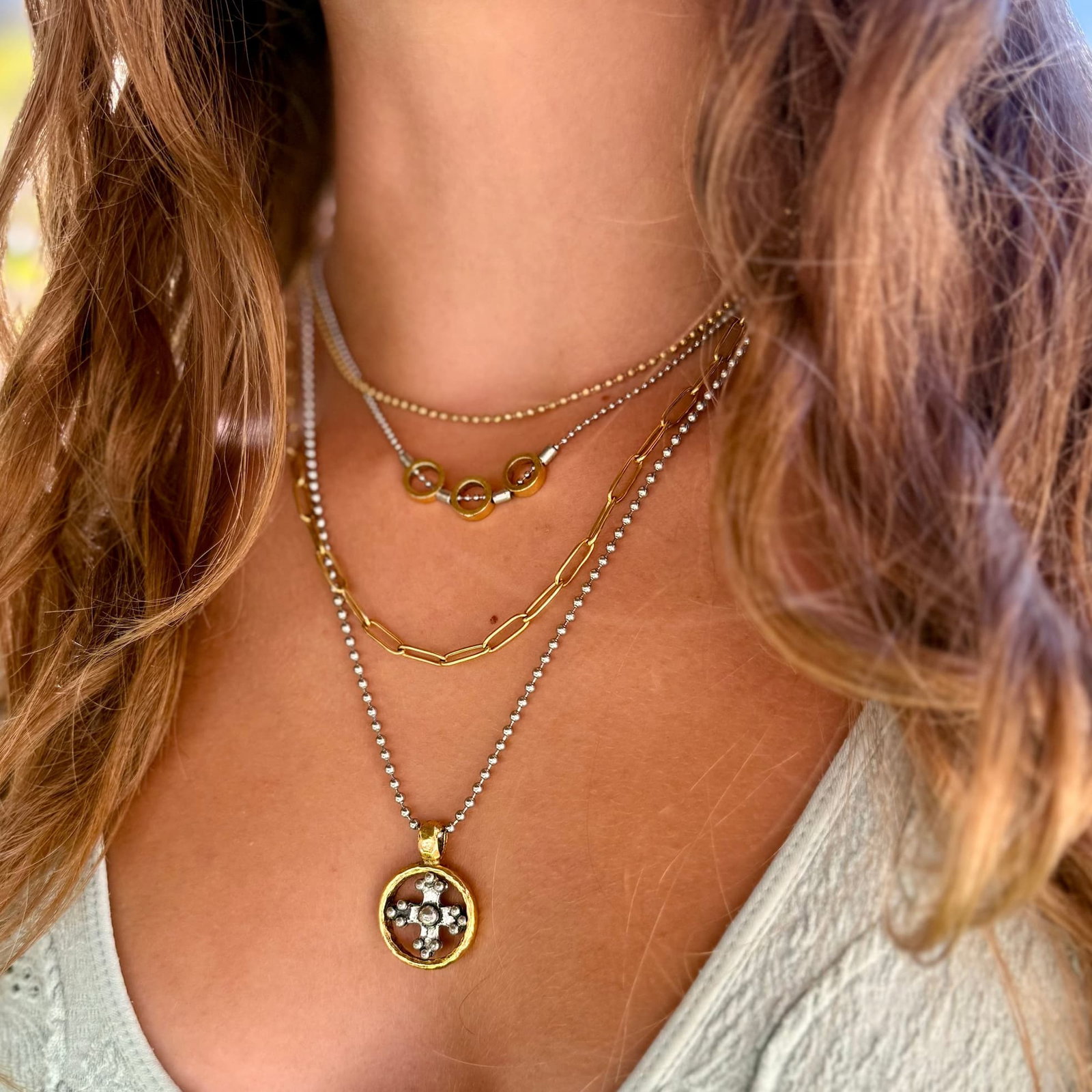 Lizzy James | Legacy Greek Cross Necklace + Alora Satin Gold Chani
