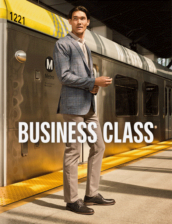 Animated scene of a model commuting by Metro in polished fall looks, including a plaid blazer, tailored pants, and dress shoes. Text reads: 