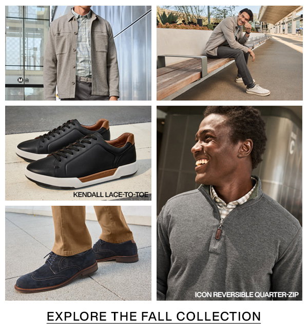 Collage of men's fall styles in an urban transit setting, featuring layered apparel, black Kendall Lace-to-Toe sneakers, navy dress shoes, and the Icon Reversible Quarter-Zip. Text reads: 