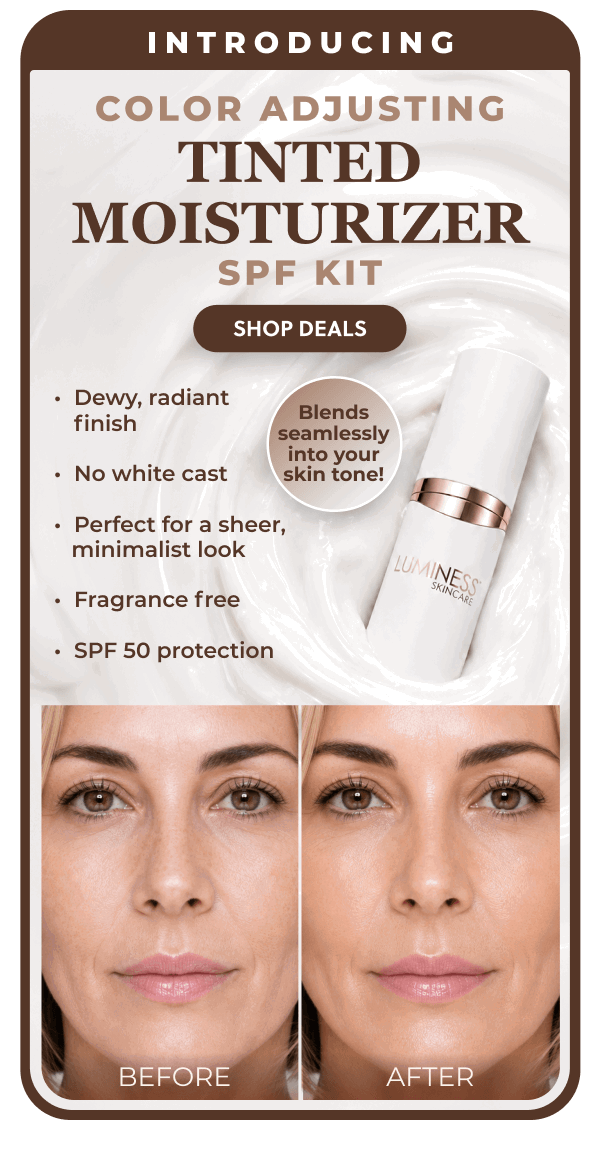 INTRODUCING COLOR ADJUSTING TINTED MOISTURIZER SPF KIT: Dewy, radiant finish. No white cast. Perfect for sheer, minimalist look. Fragrance free. SPF 50 protection.