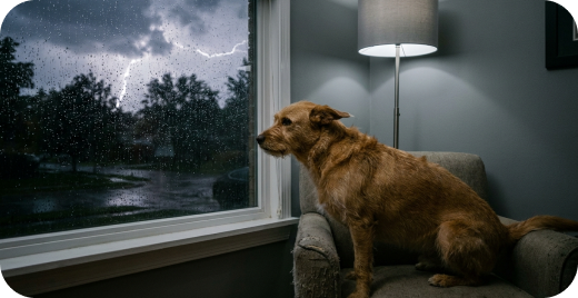 Anxious dog watching a thunderstorm through a rainy window