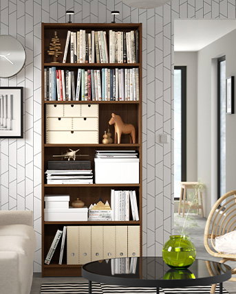 Wood toned BILLY bookcase in a living room