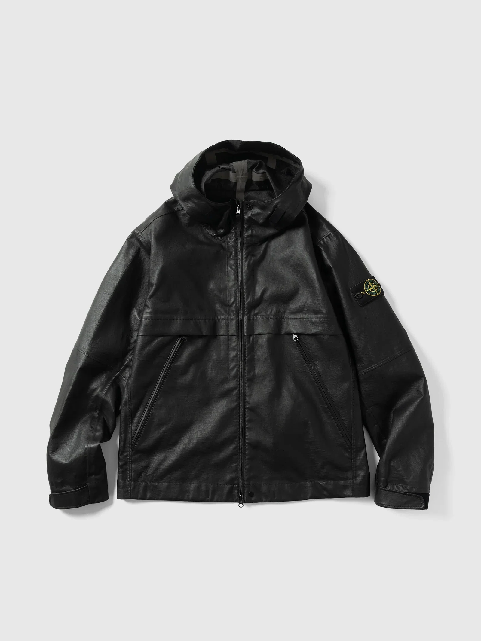 Image of Leather Hooded Jacket Black