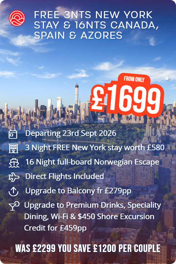 Upgrade to Premium Drinks, Speciality Dining, Wi-Fi & $450 Shore Excursion Credit for £459pp