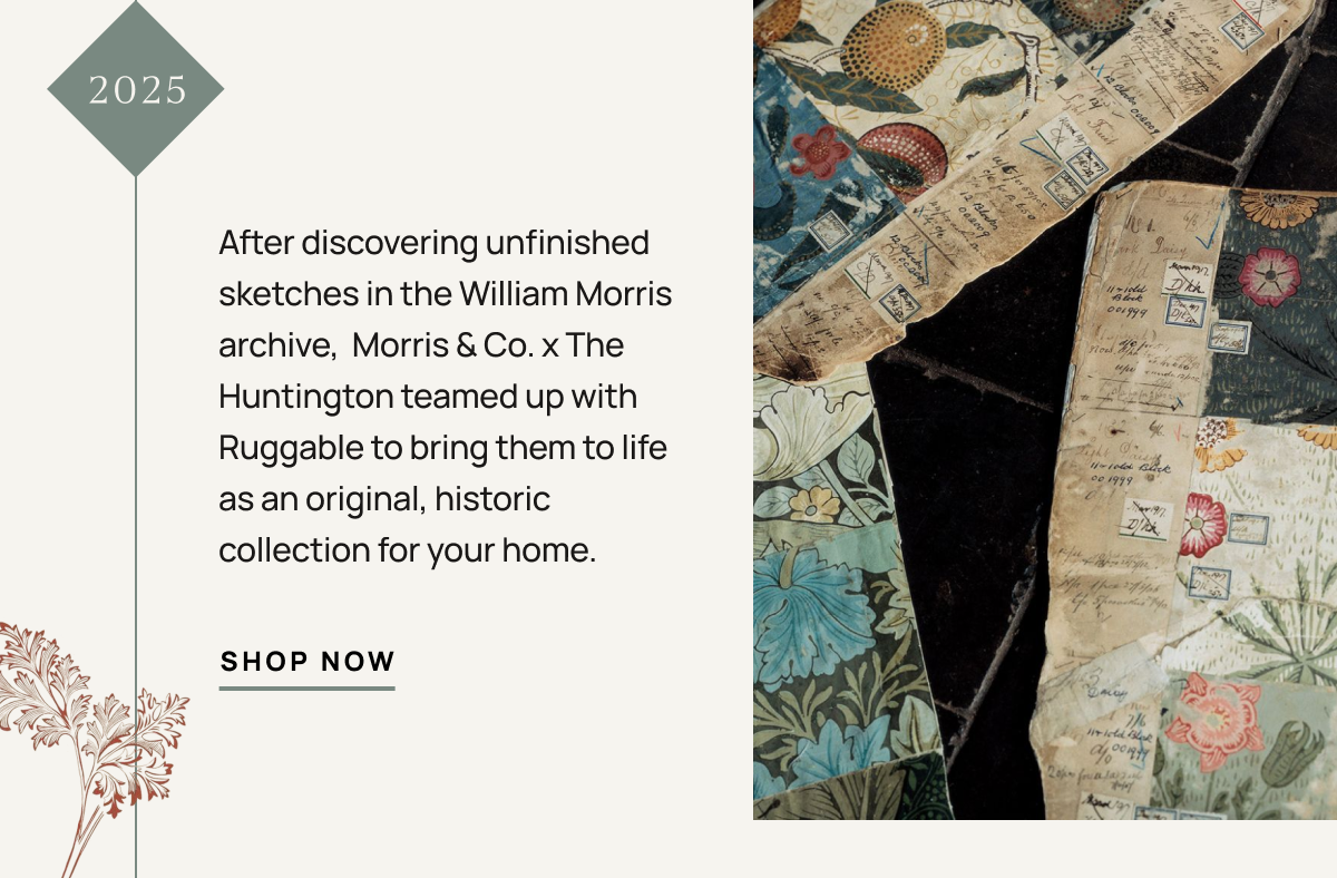 2025 After discovering unfinished sketches in the William Morris archive,  Morris & Co. x The Huntington teamed up with Ruggable to bring them to life as an original, historic collection for your home. 