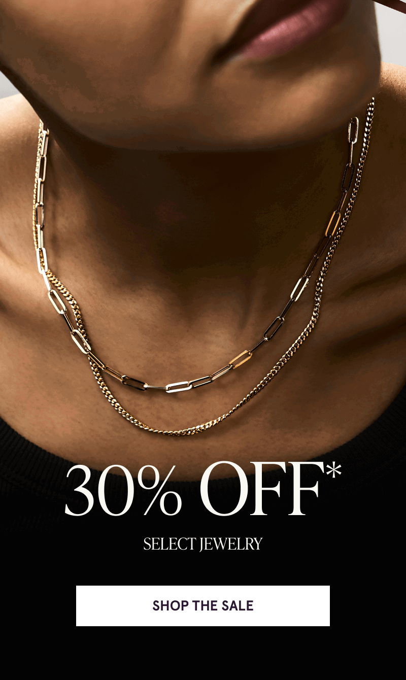 Model’s layered in gold link chain & paperclip necklaces. 30% OFF Select Jewelry. Click here to shop the sale