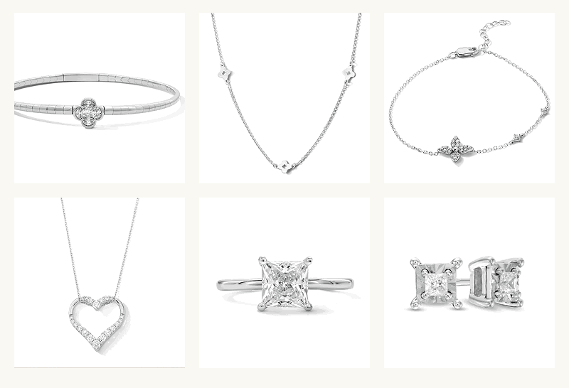 Silver-set styles with diamond details: bracelets, heart pendant, necklace, studs & ring.