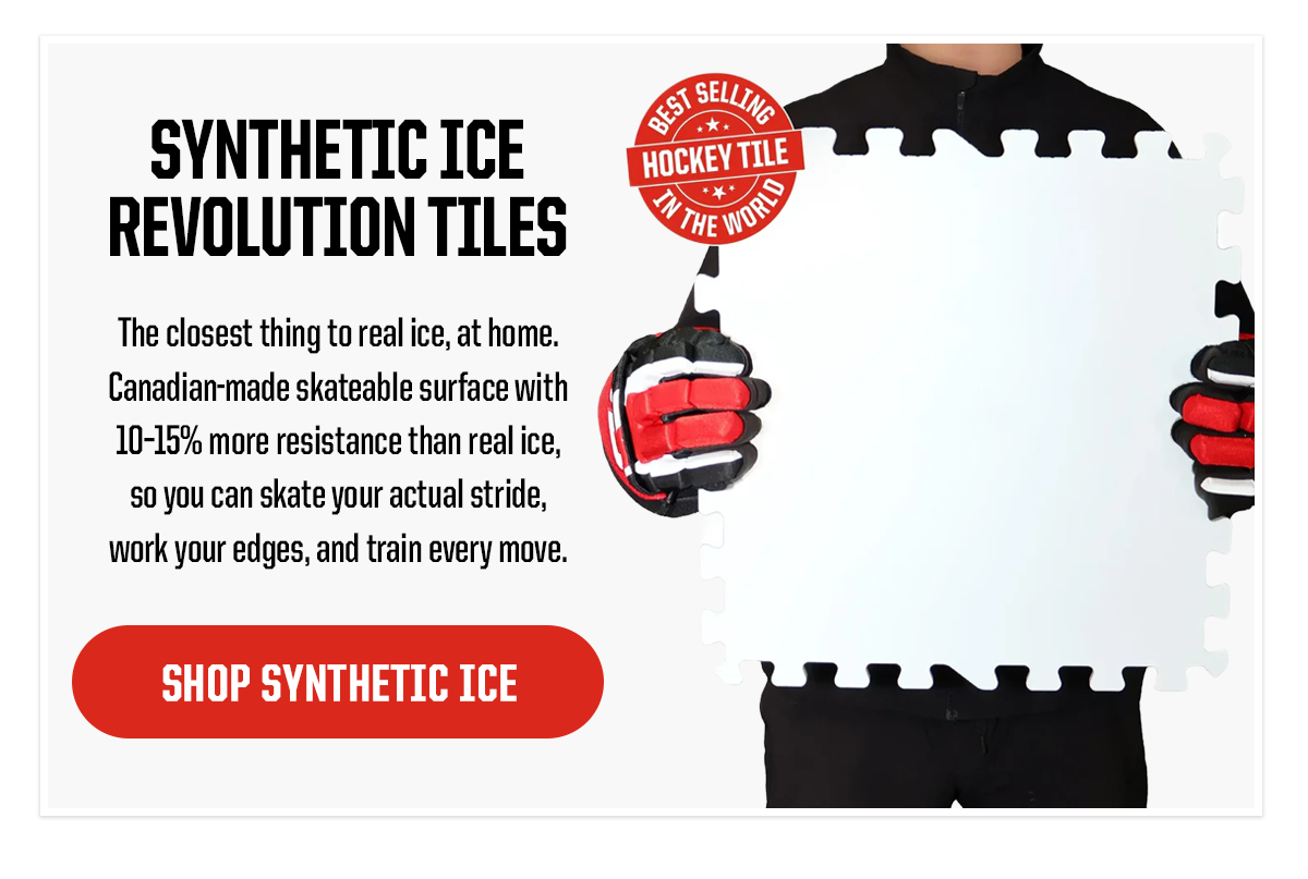 Product 2: Synthetic Ice Revolution Tiles. Subheader: The closest thing to real ice, at home. Canadian-made skateable surface with 10–15% more resistance than real ice, so you can skate your actual stride, work your edges, and train every move. CTA: SHOP SYNTHETIC ICE