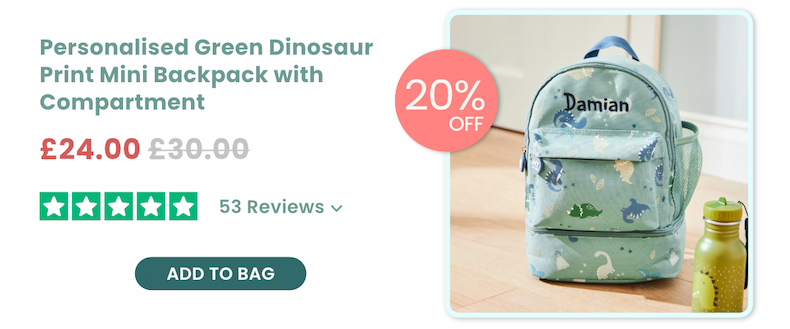 Personalised Green Dinosaur Print Mini Backpack with Compartment