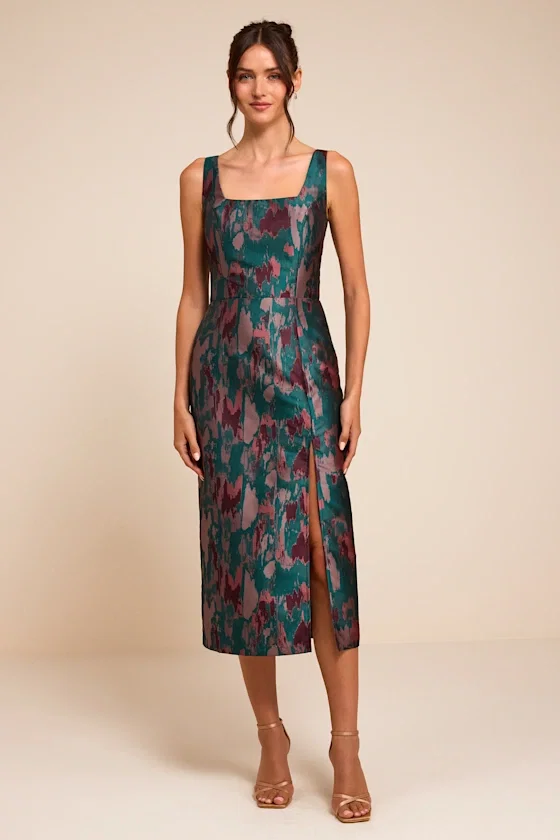 Image of Diani Teal Abstract Jacquard Column Midi Dress