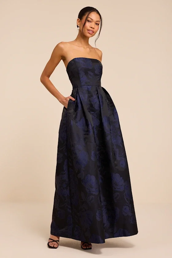 Image of Laurelin Navy Floral Jacquard Pleated Strapless Maxi Dress