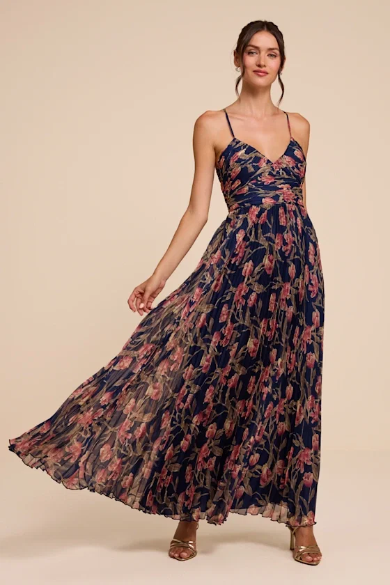 Image of Rebena Navy Multi Floral Pleated Maxi Dress