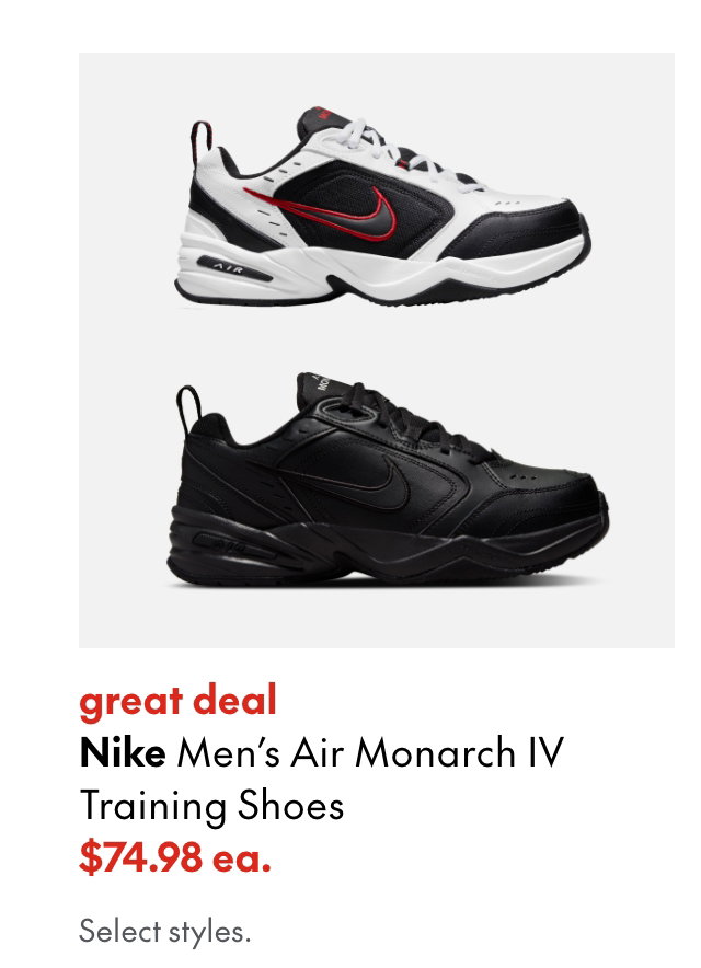 Nike Men's Air Monarch IV Training Shoe
great deal
74.98
Select styles. 