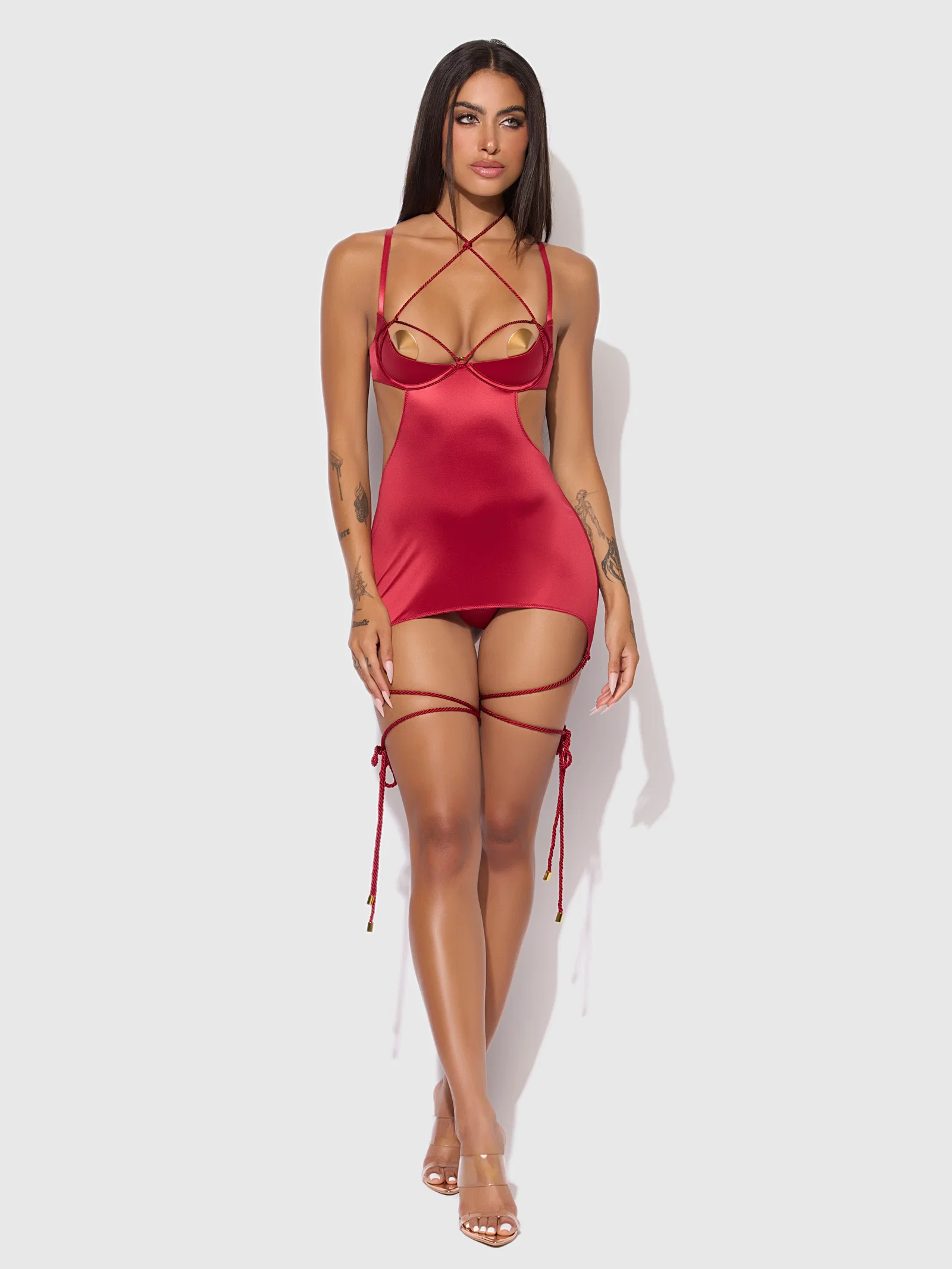 Image of Nadya Liquid Satin & Rope Open Back Chemise & G-String Set