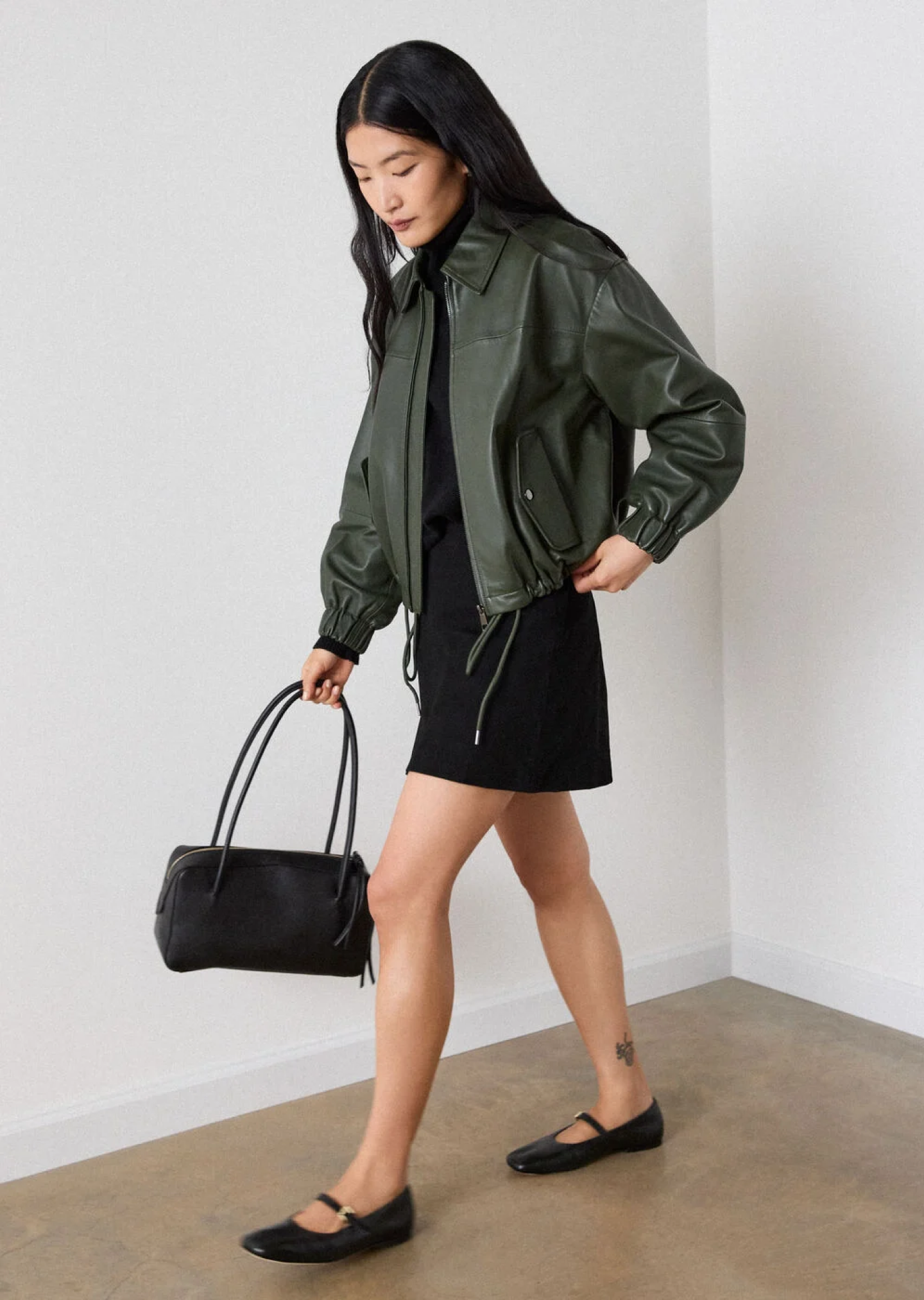 Khaki Frida Leather Bomber Jacket