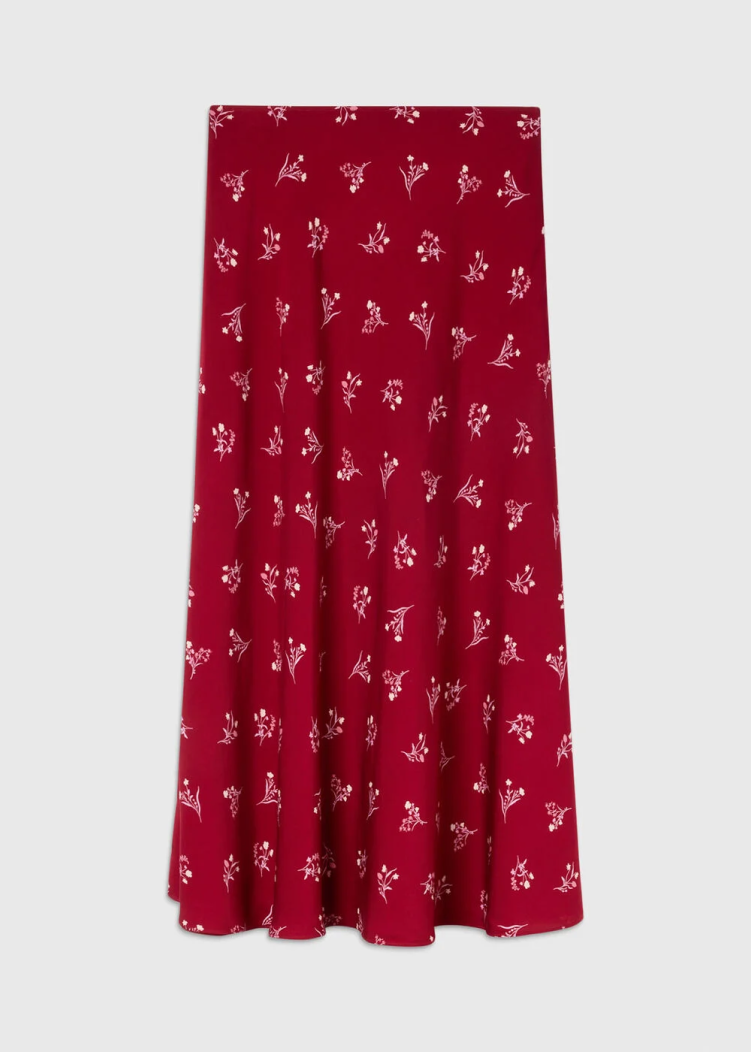 Burgundy Floral Fit And Flare Midi Skirt
